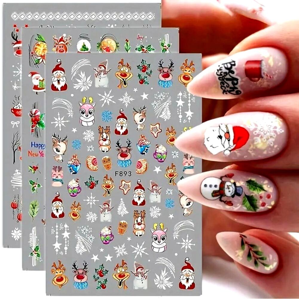 7 pc Christmas Santa Reindeer Bears Holiday 3D Nail Stickers Self-Adhesive